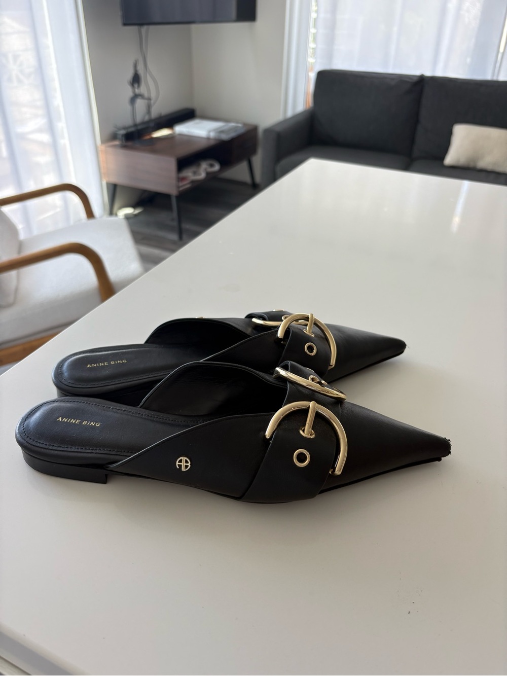 Anine Bing Black Pointed Leather Mules with Gold Buckle Accent